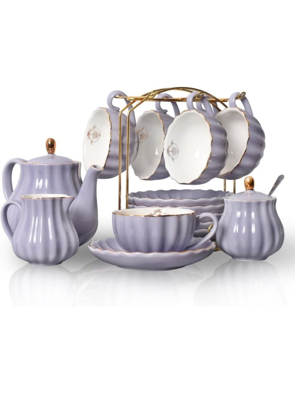 Elegant Porcelain Tea Set for 6 - 8oz Cups, Teapot, Sugar Bowl & Creamer, Purple